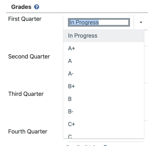 dropdown menu showing the selection of "In Progress" for courses that don't have grades yet