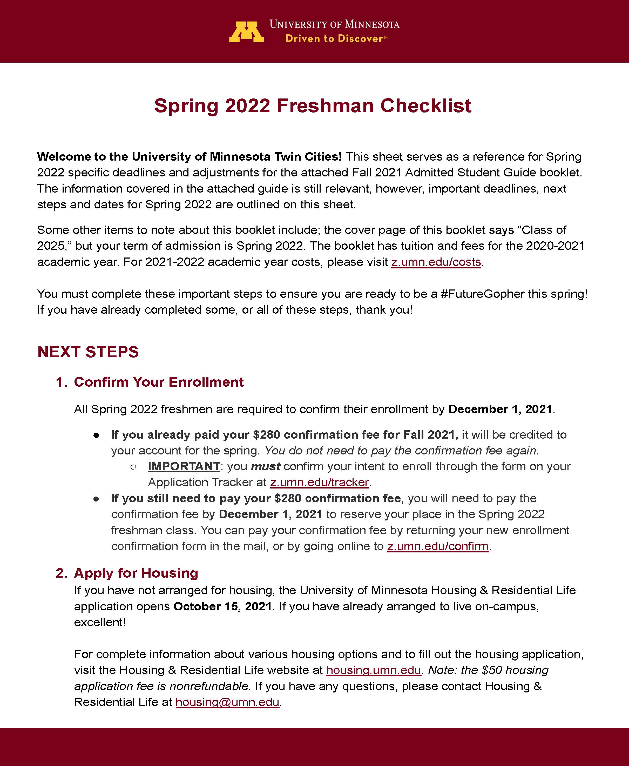 2022 Spring Freshman Checklist