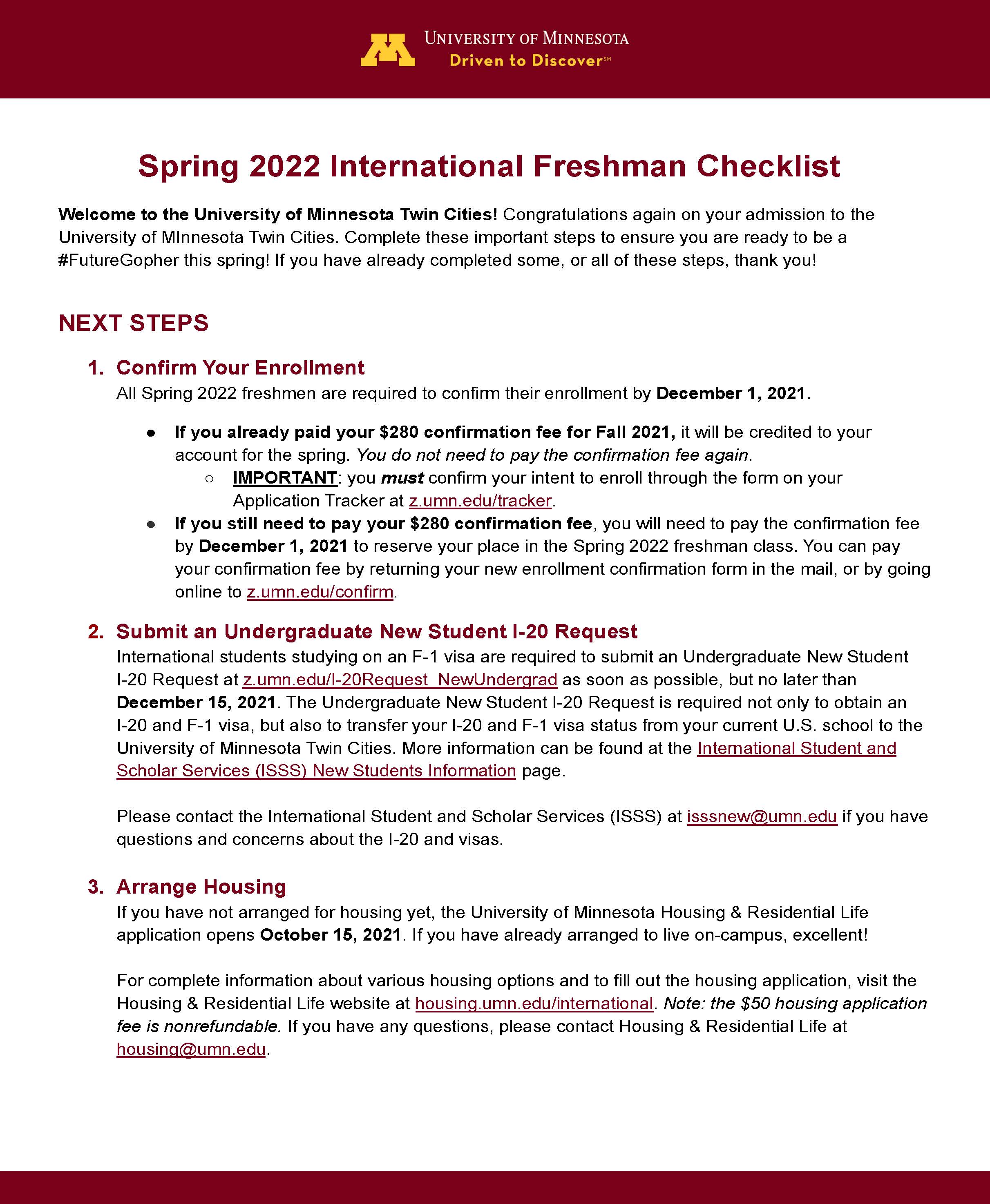 2022 Spring INTL Freshman Checklist