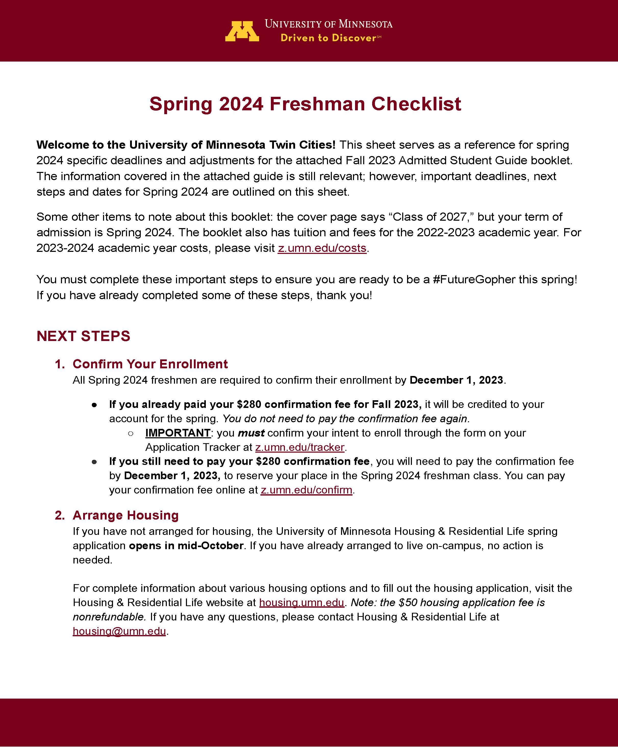 Spring 2024 Freshman Checklist