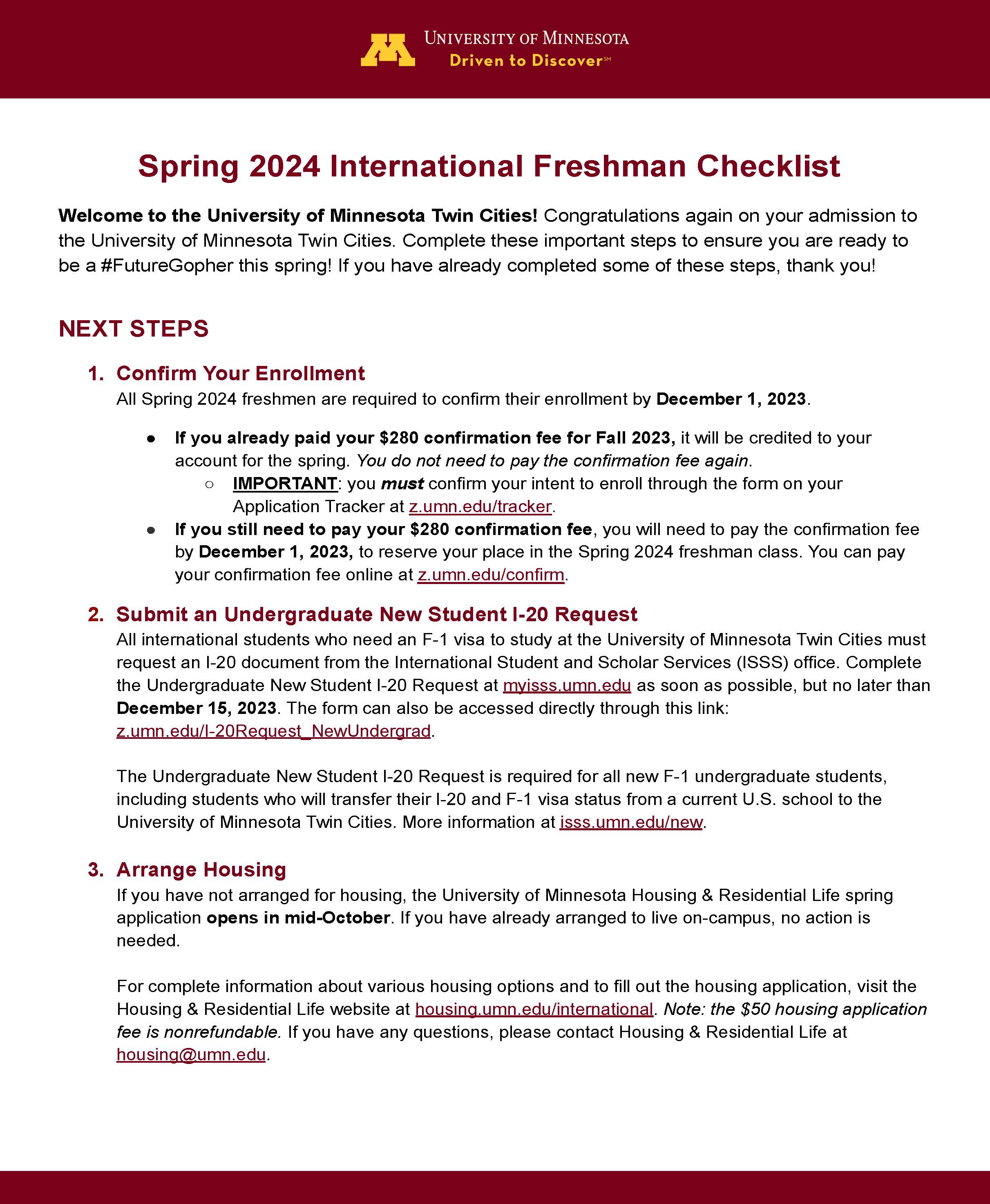 Spring 2024 International Freshman Checklist