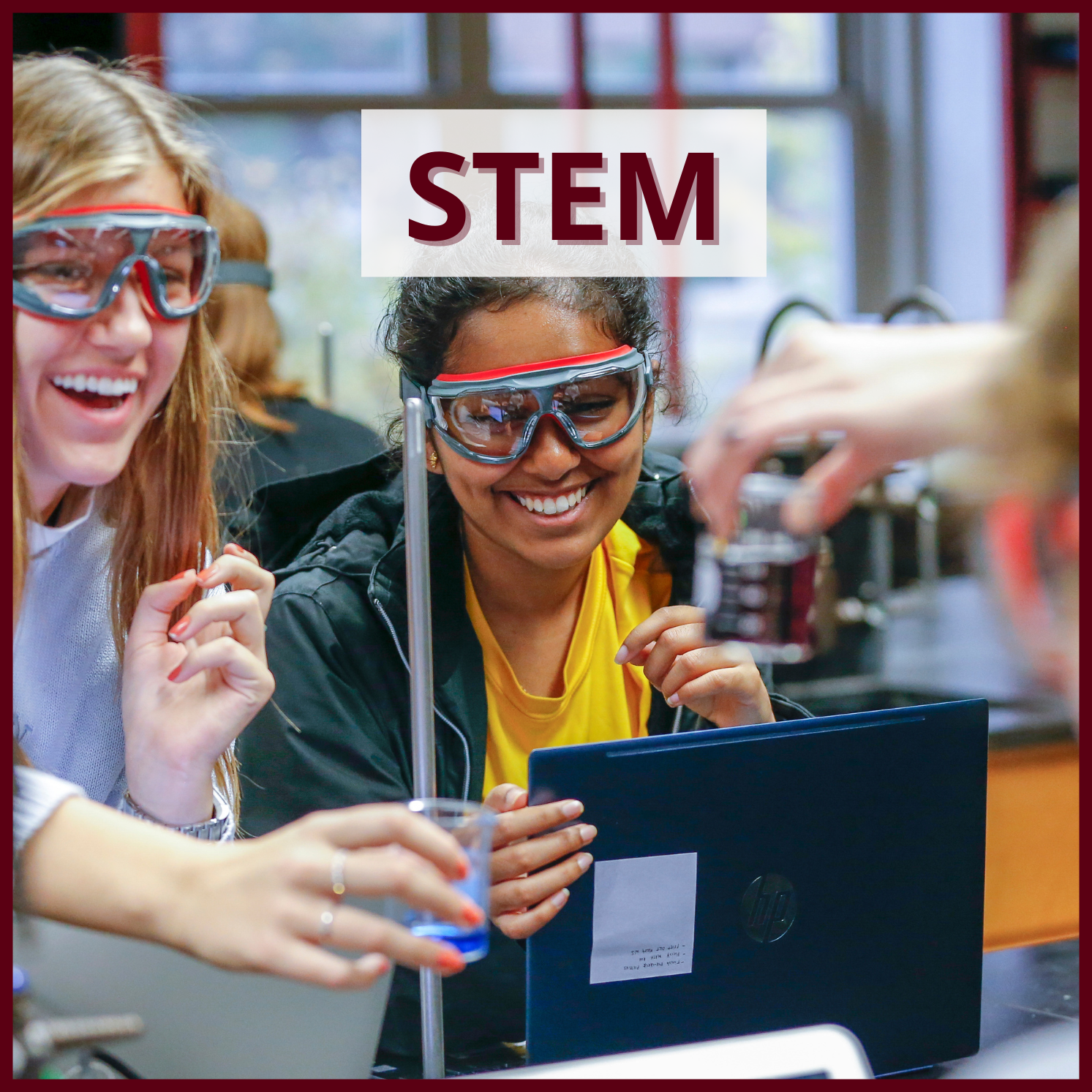STEM, with a photo of students mixing liquids in a lab
