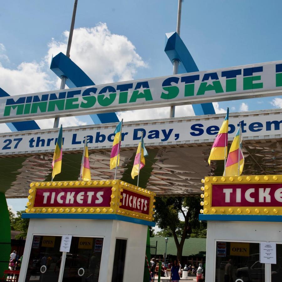 Multicolored ticket booths in front of the entrance to the Minnesota State Fair