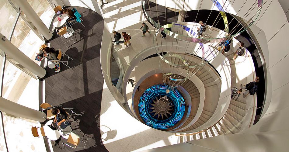 Aerial view of the spiral staircase in Bruininks Hall