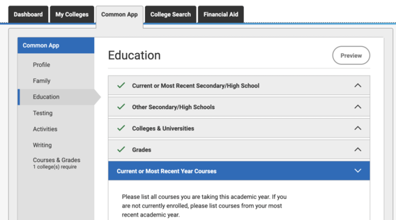 Screenshot of Education section of the Common App