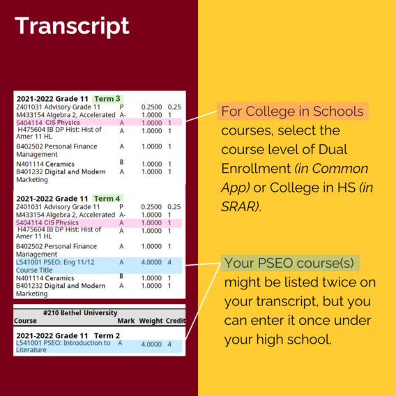 PSEO and CIS courses on high school transcript
