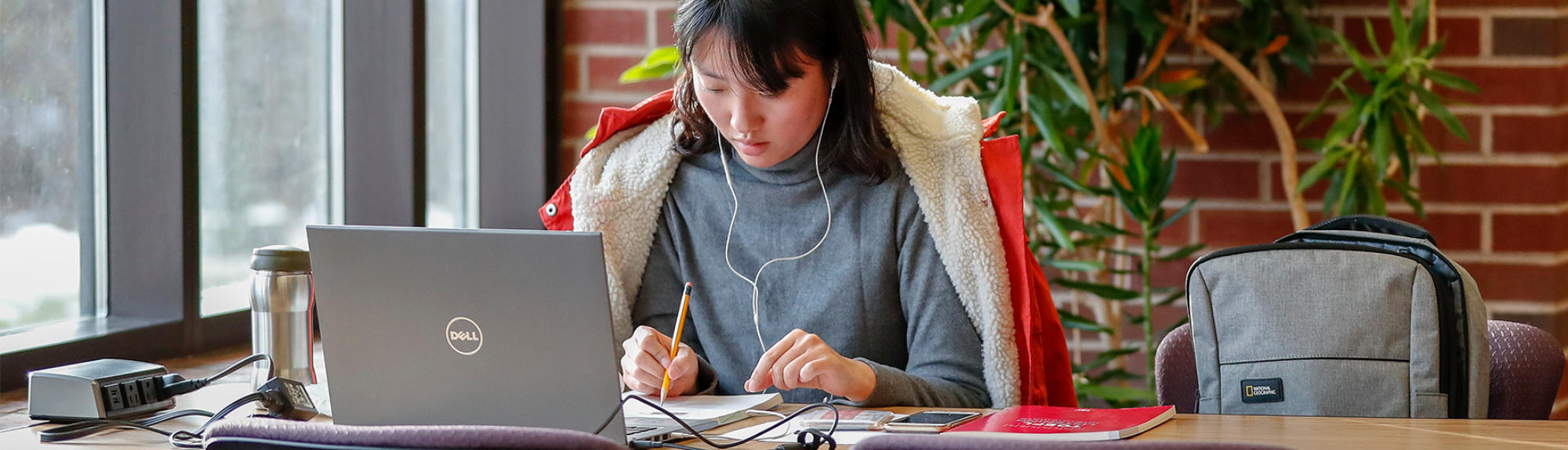 A student studies on her laptop